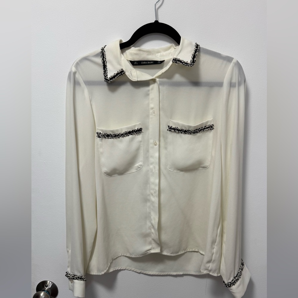 Zara Cream Sheer Blouse with Black Accents